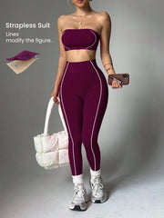 Women's Purple Seamless White Striped Sports Bra And Leggings Set